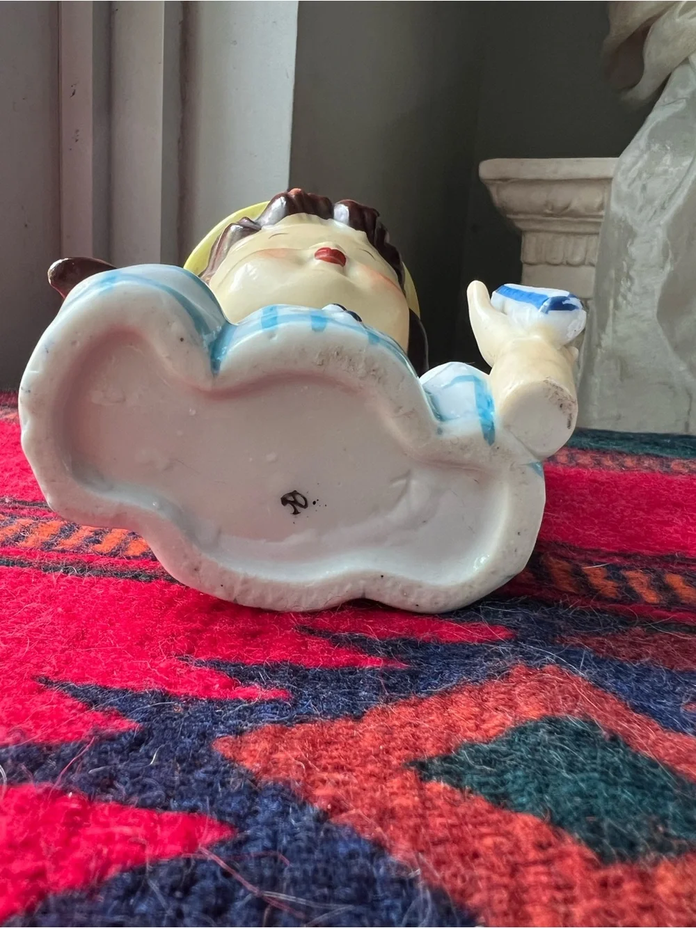 Vintage Ceramic Girl with Pigtails Head Vase in Blue, Checkered dress like new - Picture 10 of 14